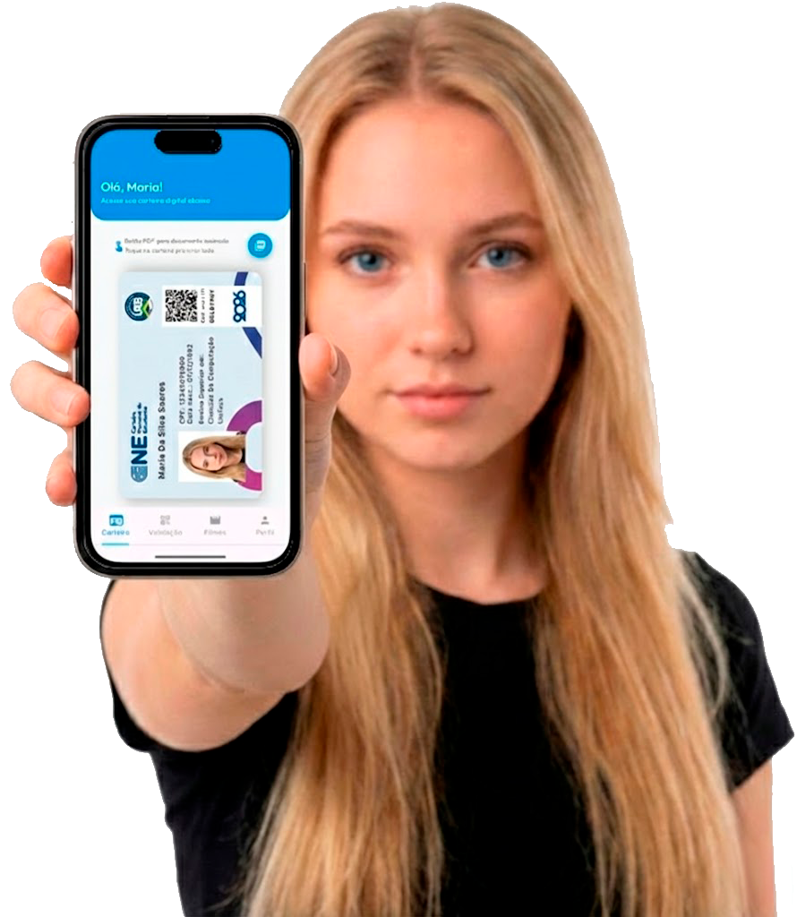 Estudante mostrando PagMeia - Carteira Digital 2026