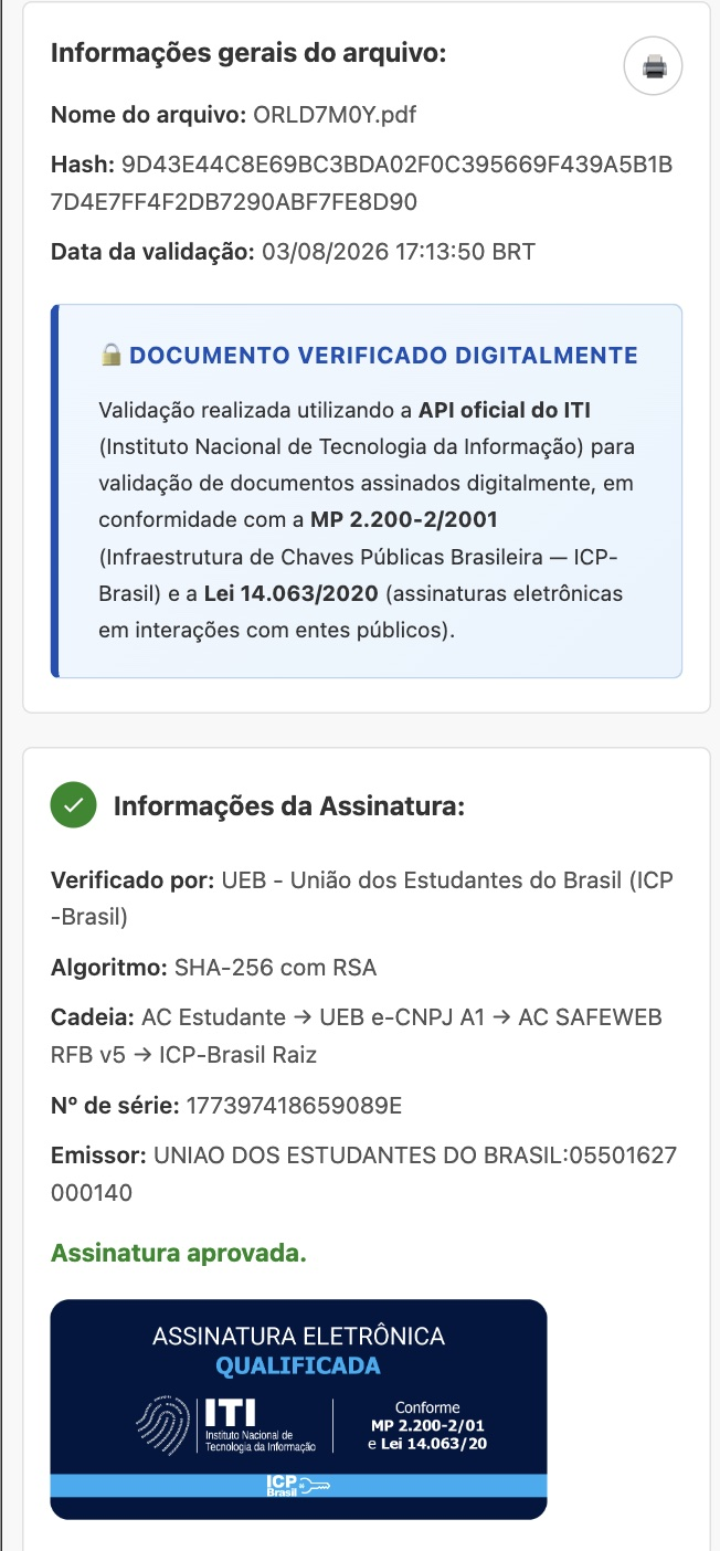 Validação da assinatura digital da carteira PagMeia no site oficial do ITI, com resultado Assinatura aprovada